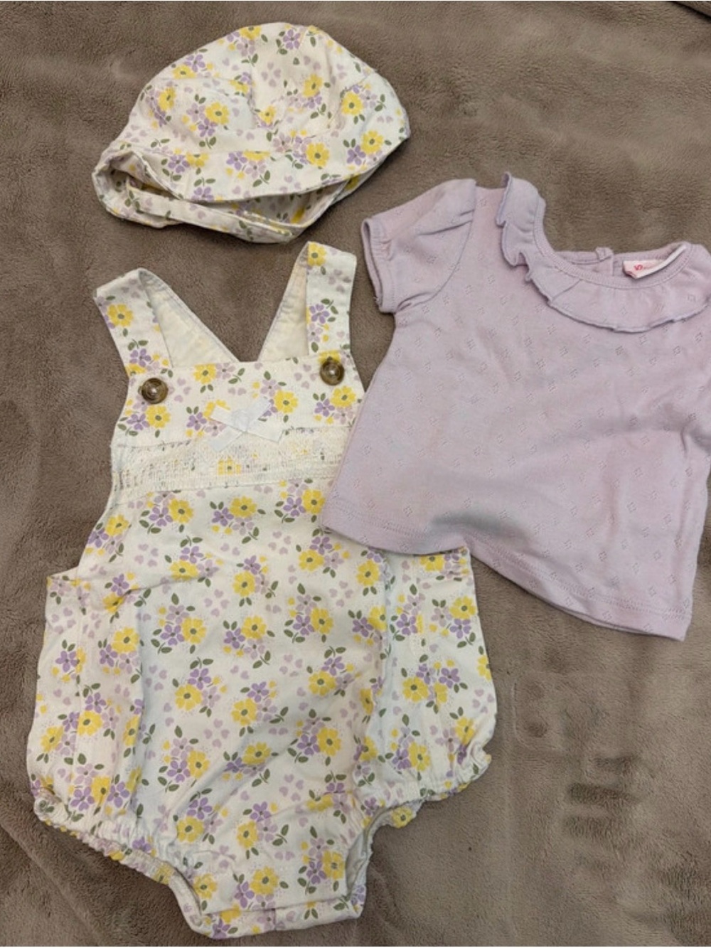 Little Lass Floral Romper Set with Lilac Tee and Matching Hat